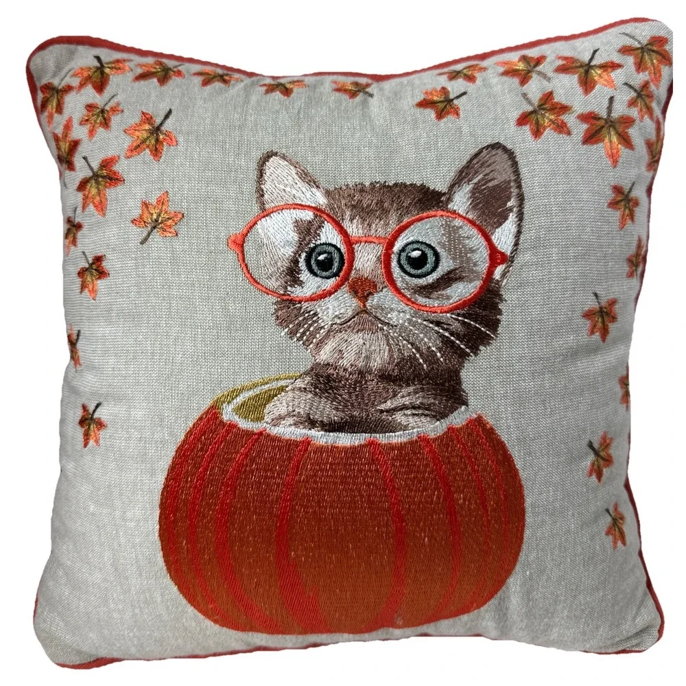 Pier 1 One Pumpkin Kitty Cat w Glasses Pillow Embroidered Leaves Tabby EUC 12